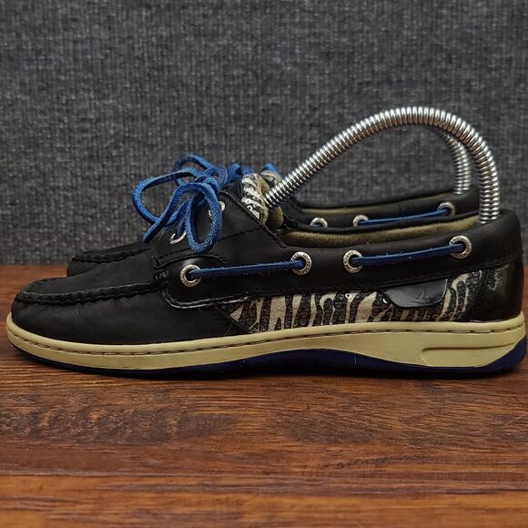 Sperry Top Sider Boat Shoes Womens 6.5 Black Leather Blue Trim Casual - Picture 6 of 13